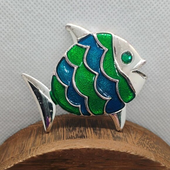 Large Colorful Tropical Fish Brooch Blue Green Enamel Scales Rhinestone Eye - Picture 1 of 3